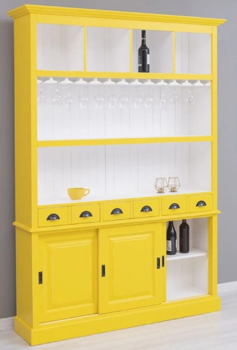 Casa Padrino Landhausstil Massivholz Barschrank Gelb / Weiß 151 x 36 x H. 210 cm - Massivholz Weinschrank im Landhausstil - Massivholz Bar Möbel - Landhausstil Bar Möbel
