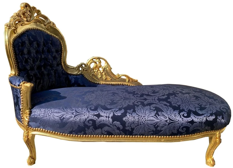 Casa Padrino Barock Chaiselongue Linke Seite Blau / Gold - Handgefertigte Massivholz Recamiere mit elegantem Muster - Barock Wohnzimmer Möbel