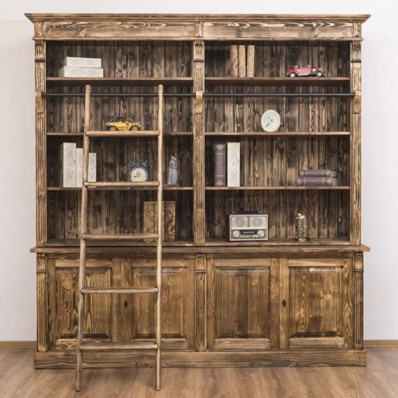 Casa Padrino Landhausstil Bücherschrank mit Leiter Braun 223 x 51 x H. 228 cm - Massivholz Schrank - Wohnzimmerschrank - Regalschrank - Büroschrank - Landhausstil Möbel