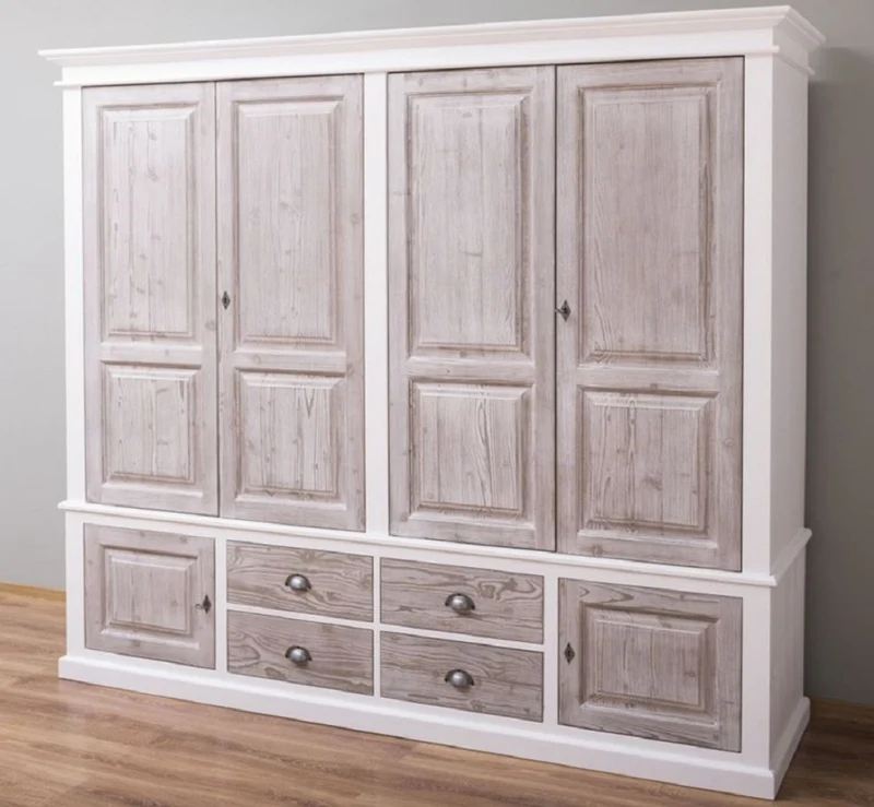 Casa Padrino Landhausstil Schlafzimmerschrank Weiß / Naturfarben 232 x 59 x H. 197 cm - Massivholz Kleiderschrank mit 6 Türen und 4 Schubladen - Massivholz Schlafzimmer Möbel im Landhausstil