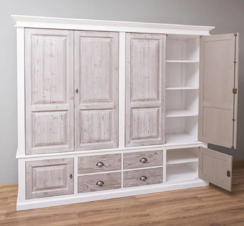 Casa Padrino Landhausstil Schlafzimmerschrank Weiß / Naturfarben 232 x 59 x H. 197 cm - Massivholz Kleiderschrank mit 6 Türen und 4 Schubladen - Massivholz Schlafzimmer Möbel im Landhausstil