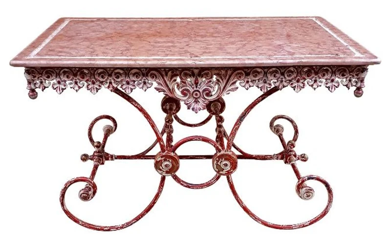 Casa Padrino Jugendstil Gartentisch aus Schmiedeeisen und Marmor in Antik Rot und Weiß, 130 x 80 x H. 75 cm