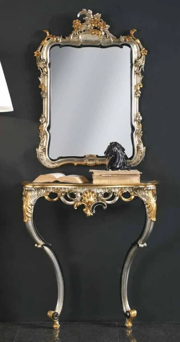Casa Padrino Luxus Barock Spiegelkonsole Silber / Gold - Prunkvolle Barock Konsole mit Wandspiegel - Barock Hotel & Schloß Möbel - Luxus Qualität - Made in Italy