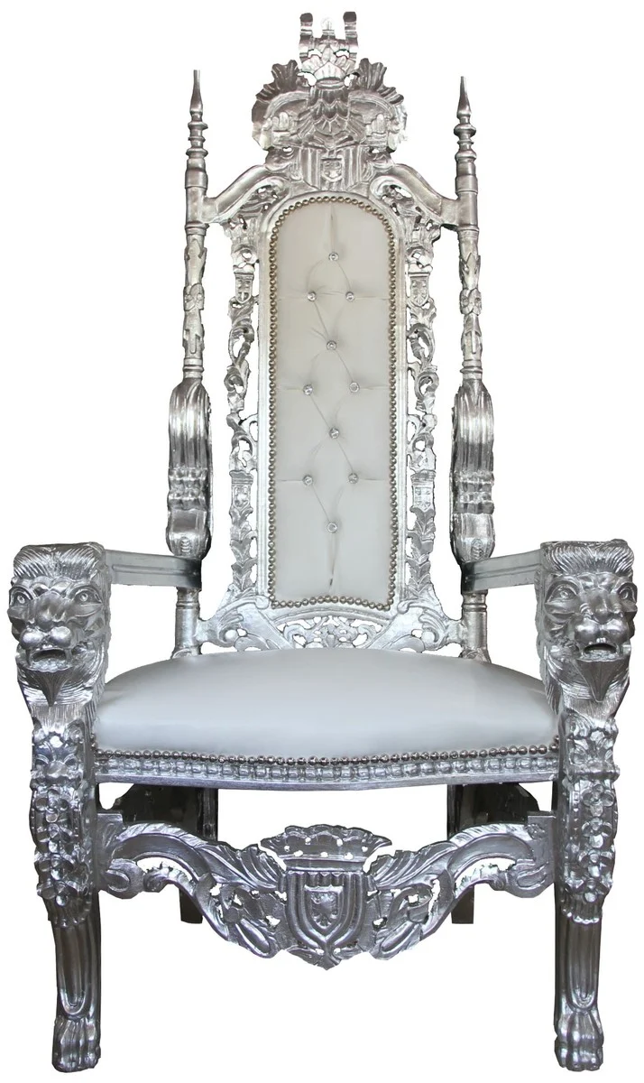 Casa Padrino Barock Thron Sessel Silber / Weiß in Lederoptik mit Glitzersteinen - Königssessel 174 cm