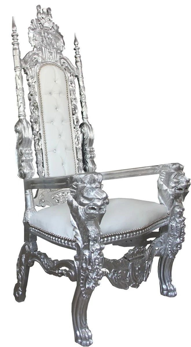 Casa Padrino Barock Thron Sessel Silber / Weiß in Lederoptik mit Glitzersteinen - Königssessel 174 cm