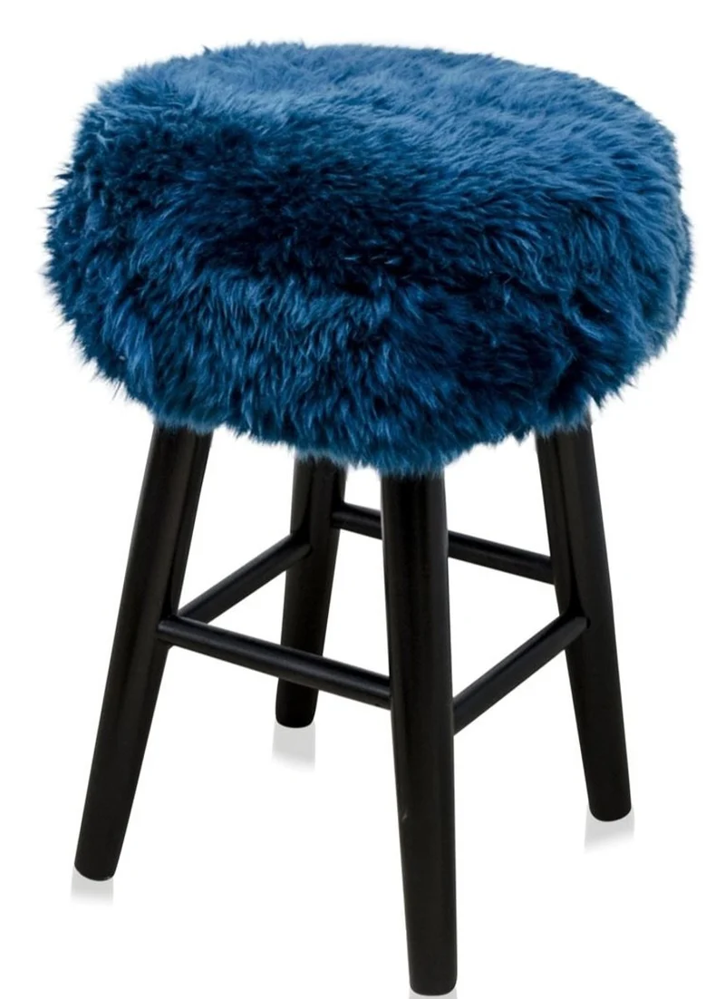 Casa Padrino Luxus Sitzhocker Blau / Schwarz Ø 40 x H. 57 cm - Hocker mit echtem Schafsfell