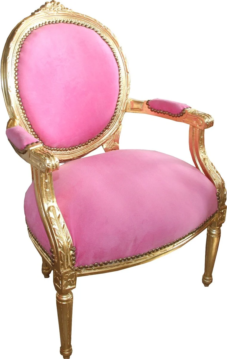 Casa Padrino Barock Medaillon Salon Stuhl Rosa / Gold - Möbel Antik Stil