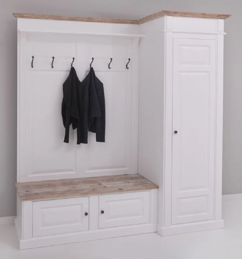 Casa Padrino Landhausstil Garderobenschrank Weiß / Naturfarben 205 x 65 x H. 210 cm - Massivholz Garderobe - Flur Schrank - Flurmöbel - Garderoben Möbel - Massivholz Möbel - Landhausstil Möbel