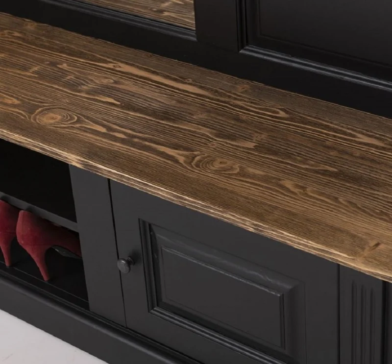 Casa Padrino Landhausstil Garderobe Schwarz / Braun 180 x 41 x H. 210 cm - Massivholz Garderobenschrank mit Spiegel - Landhausstil Garderobenmöbel
