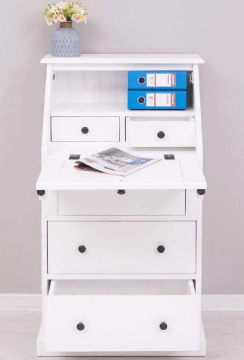 Casa Padrino Landhausstil Sekretär Kommode Weiß 65 x 45 x H. 110 cm - Massivholz Schrank mit 5 Schubladen - Massivholz Möbel - Landhausstil Möbel