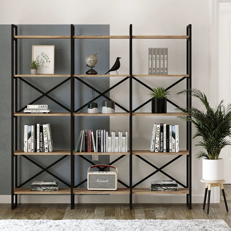 Casa Padrino Luxus Regalschrank mit Massivholz Regalen Schwarz / Naturfarben 170 x 30 x H. 175 cm - Bücherschrank - Wohnzimmer Schrank - Büro Schrank - Wohnzimmer Möbel - Büro Möbel - Luxus Möbel