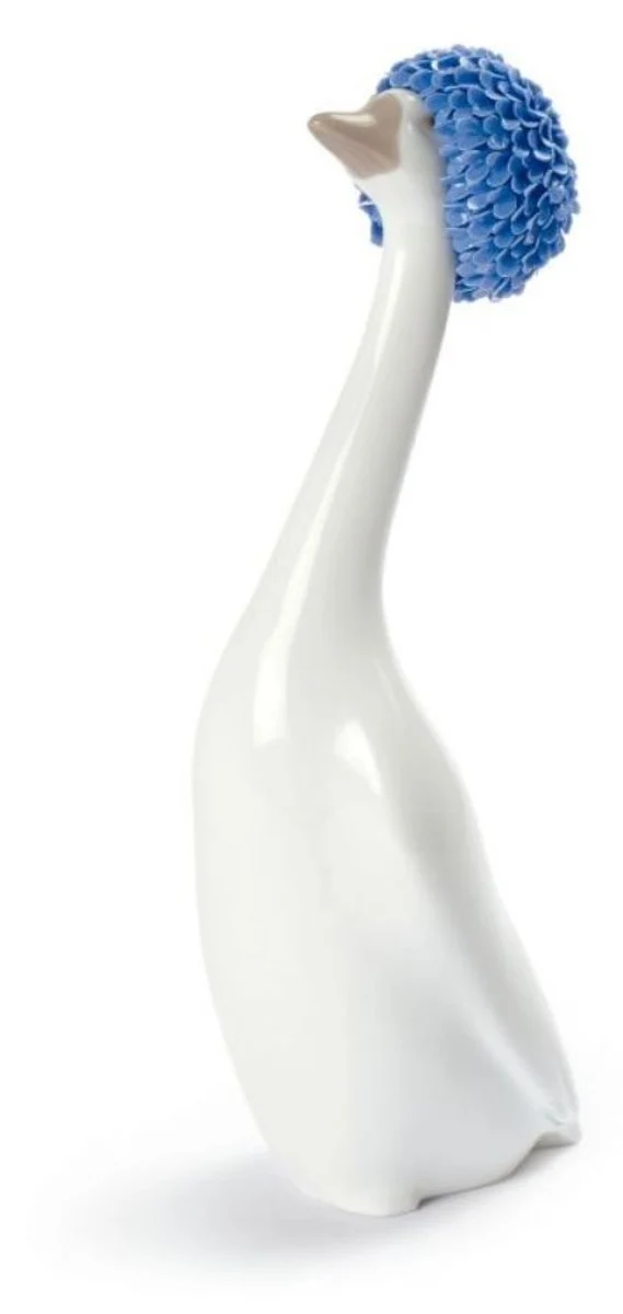 Casa Padrino Luxus Porzellan Gänse Skulptur weiß / blau 6 x H. 20 cm - Dekorative Tierfigur