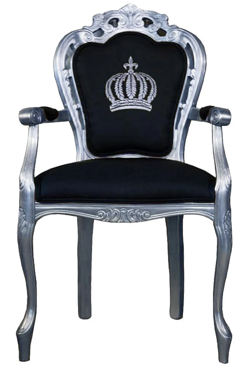 Casa Padrino Luxus Barock Esszimmerstuhl Pompöös von Harald Glööckler Schwarz / Silber - Breite 48 cm, Höhe 105 cm