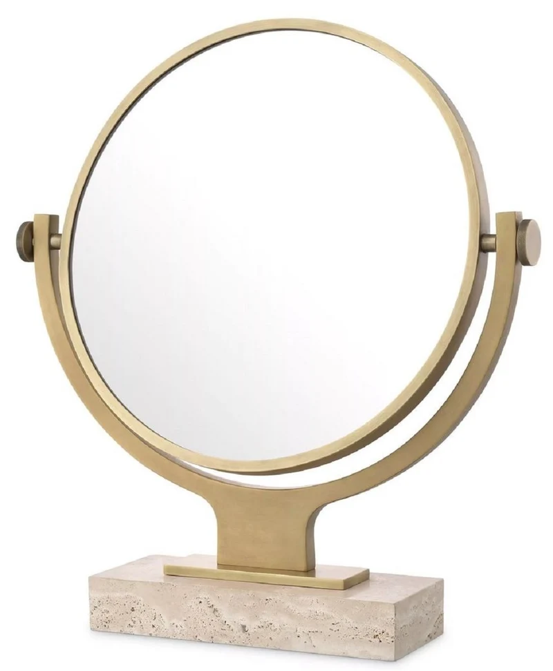 Casa Padrino Luxus Kosmetik Tischspiegel Antik Messing / Beige 50,5 x 12 x H. 56 cm - Runder verstellbarer Badezimmer Schmink Spiegel mit Travertin Sockel - Luxus Badezimmer Accessoires