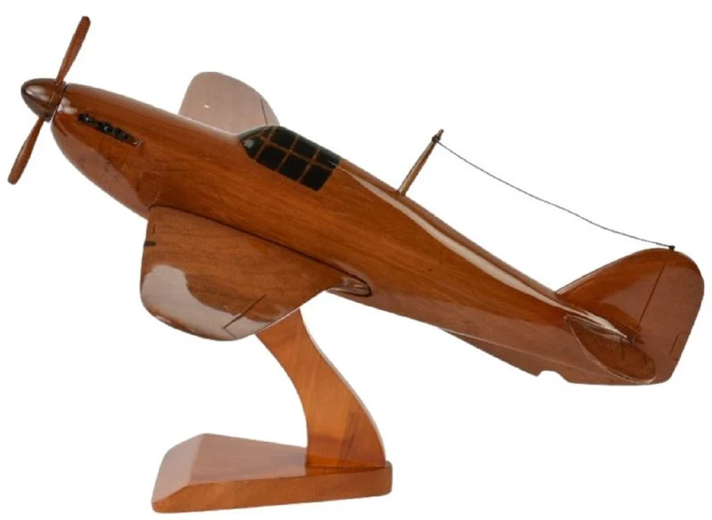 Casa Padrino Luxus Deko Jagdflugzeug Hawker Hurricane Braun / Schwarz 44 x 35 x H. 20 cm - Holz Flugzeug mit Ständer - Propellerflugzeug - Modellflugzeug - Schreibtisch Deko - Deko Accessoires
