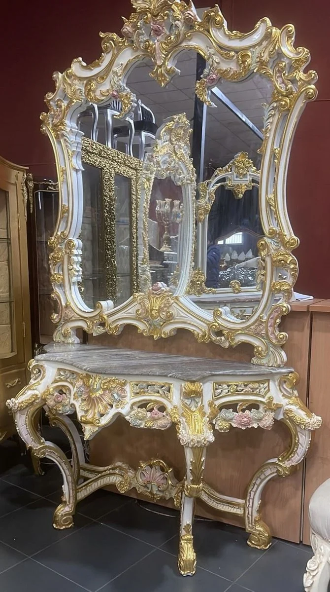 Casa Padrino Barock Spiegelkonsole mit Marmorplatte Weiß / Mehrfarbig / Gold / Grau - Prunkvolle Barock Konsole mit Spiegel - Garderoben Möbel Barockstil - Barock Möbel - Antik Stil Möbel