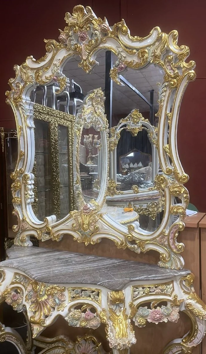 Casa Padrino Barock Spiegelkonsole mit Marmorplatte Weiß / Mehrfarbig / Gold / Grau - Prunkvolle Barock Konsole mit Spiegel - Garderoben Möbel Barockstil - Barock Möbel - Antik Stil Möbel