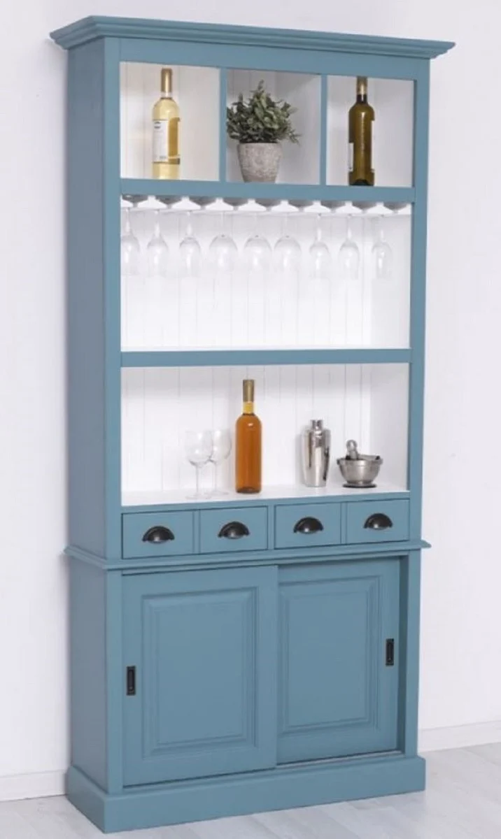 Casa Padrino Landhausstil Massivholz Barschrank Blau / Weiß 103 x 36 x H. 210 cm - Massivholz Weinschrank im Landhausstil - Massivholz Bar Möbel - Landhausstil Bar Möbel