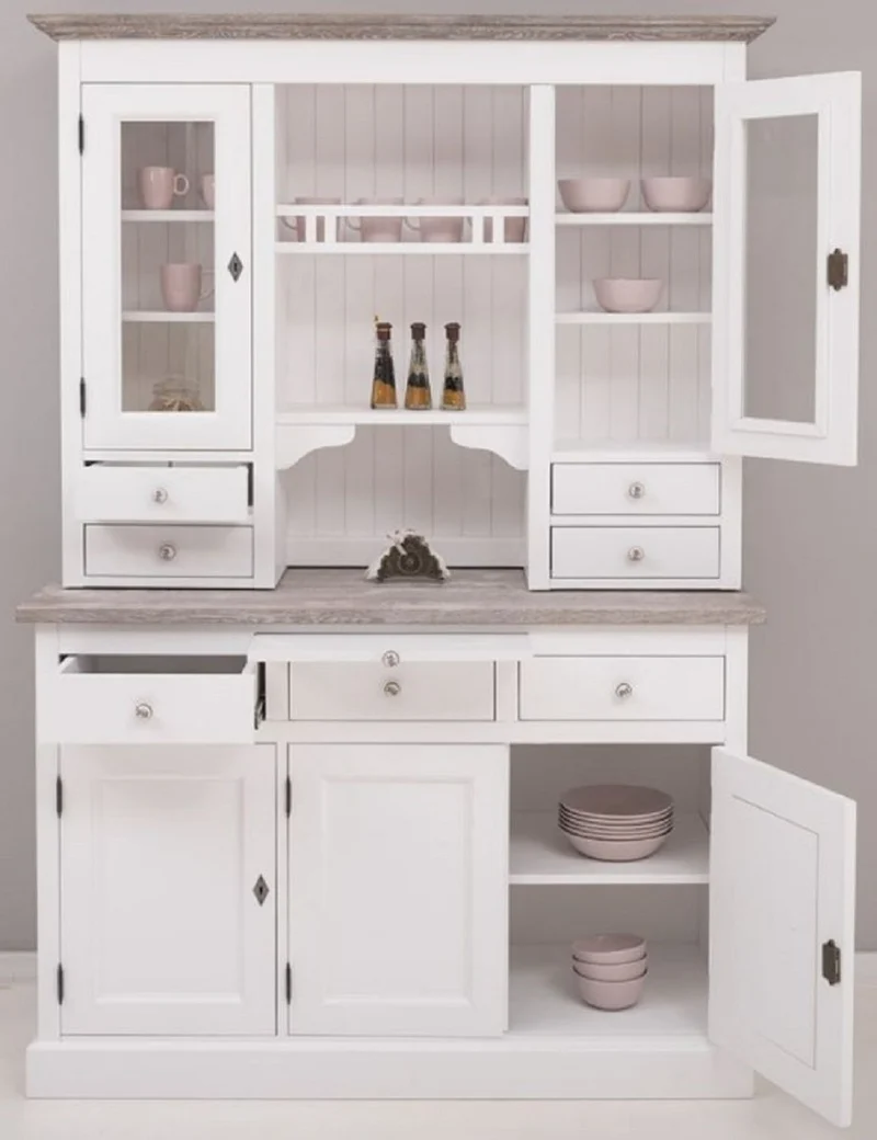Casa Padrino Landhausstil Küchenschrank Weiß / Grau 138 x 50 x H. 197 cm - 2 Teiliger Küchenschrank mit 5 Türen und 7 Schubladen - Landhausstil Küchenmöbel