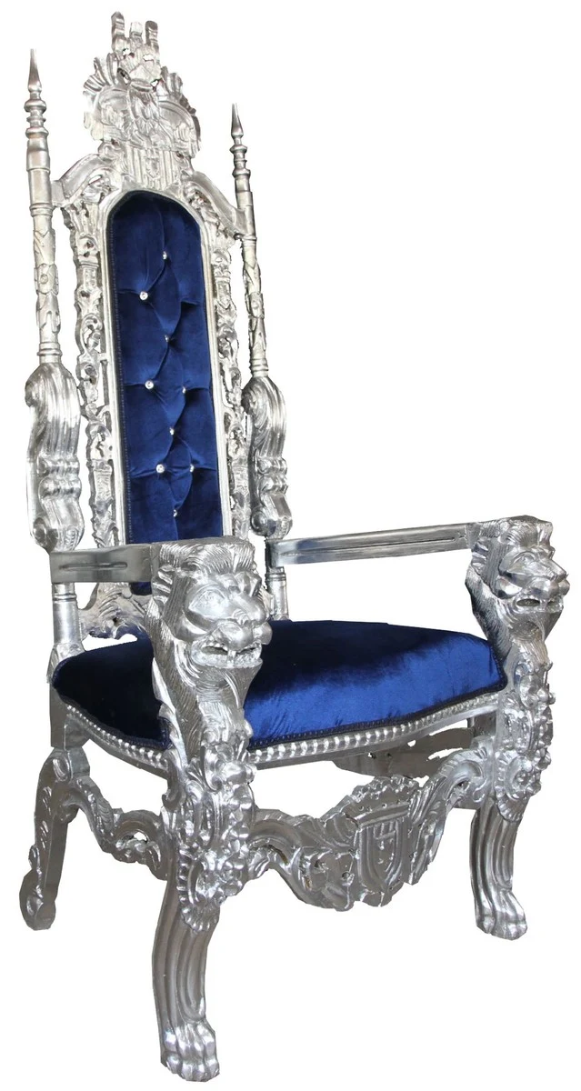 Casa Padrino Barock Thron Sessel Silber / Blau mit Bling Bling Glitzersteinen Königssessel - Hochzeitssessel - Riesensessel