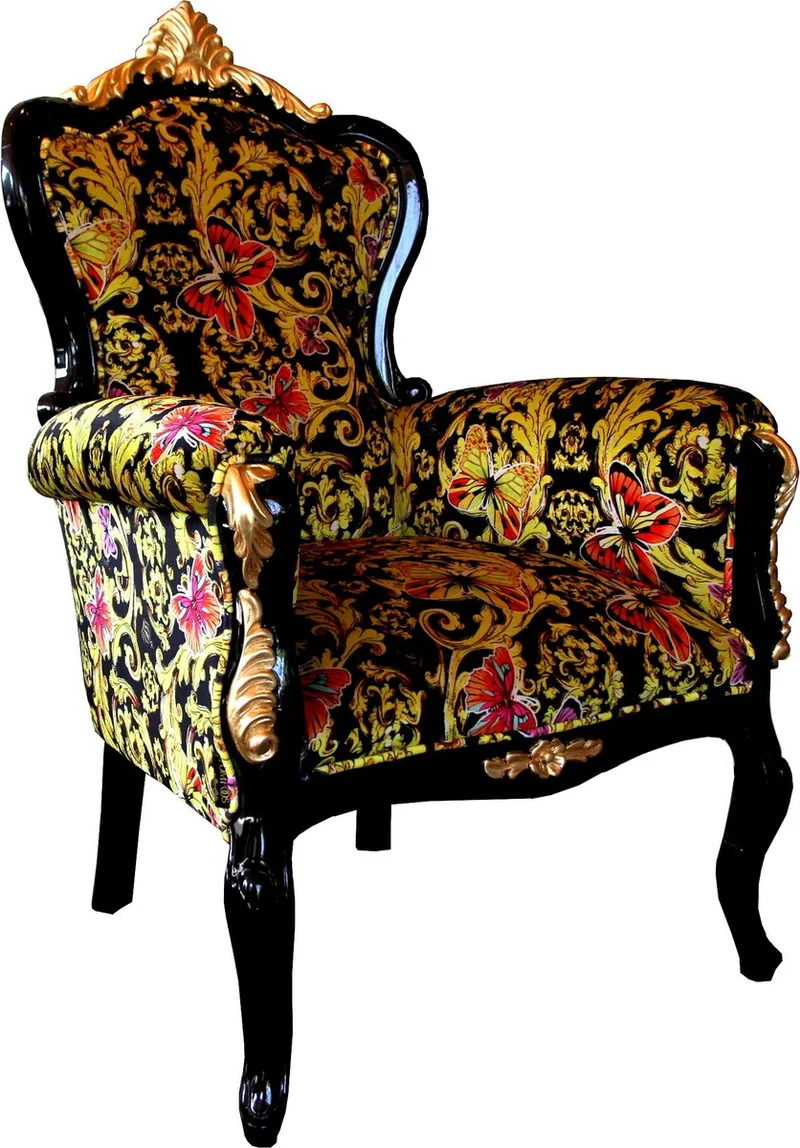 Pompöös by Casa Padrino Luxus Barock Sessel Bergere Butterfly & Flower Design / Schwarz / Gold - Pompööser Barock Sessel designed by Harald Glööckler B!