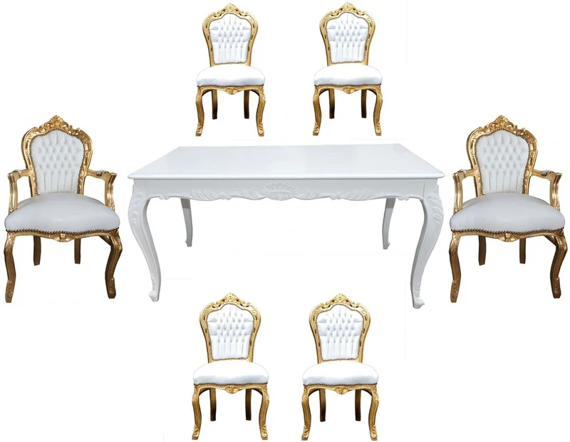 Casa Padrino Barock Esszimmer Set Weiß/Gold - Esstisch + 6 Stühle