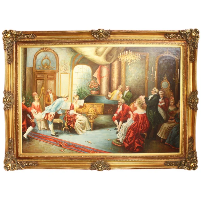 Riesiges Handgemaltes Barock Öl Gemälde Abend mit Klassischer Musik Gold Prunk Rahmen 225 x 165 x 10 cm - Massives Material