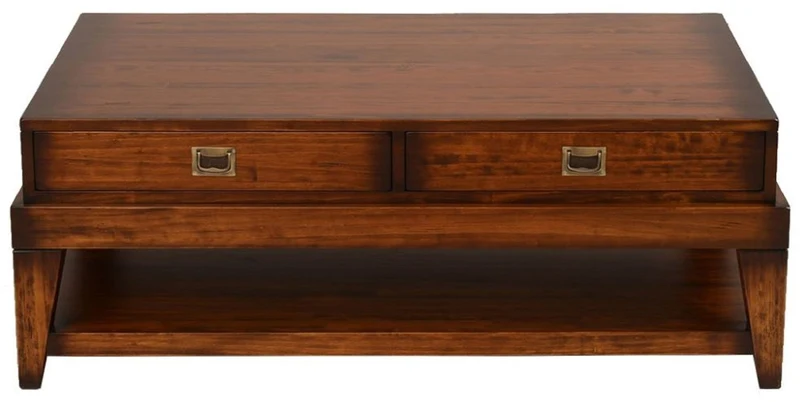 Casa Padrino Luxus Vintage Stil Couchtisch Braun / Messing 124 x 79 x H. 49 cm - Rechteckiger Massivholz Wohnzimmertisch mit Schubladen - Vintage Stil Wohnzimmer Möbel - Luxus Möbel