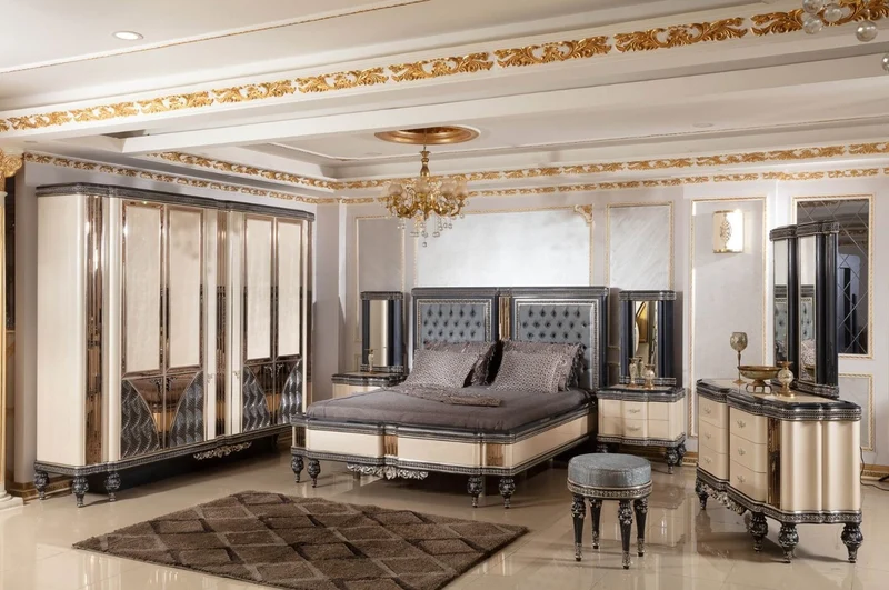 Casa Padrino Luxus Barock Schlafzimmer Set Hellblau / Beige / Schwarz / Gold - 1 Barock Doppelbett mit Kopfteil & 2 Barock Nachtkommoden - Luxus Schlafzimmer Möbel im Barockstil - Barock Interior