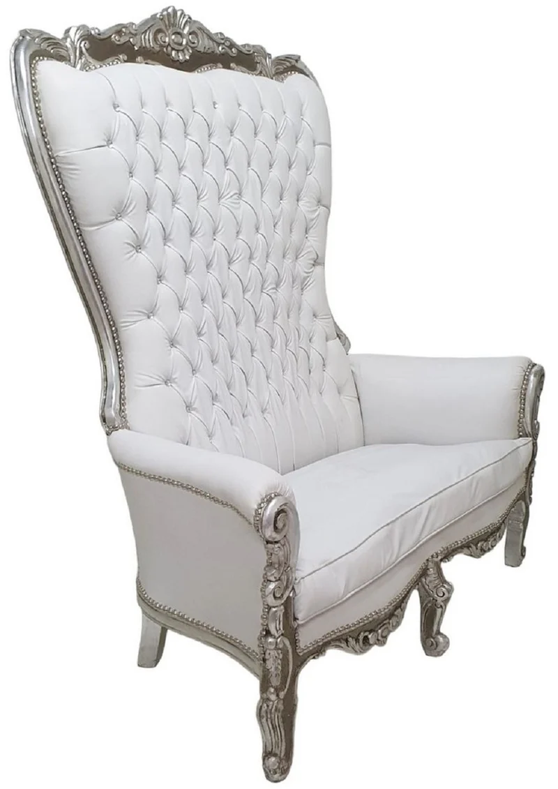 Casa Padrino Barock Hochlehn 2er Sofa Weiß / Silber - Prunkvolles Barockstil Kunstleder Sofa mit Glitzersteinen - Wohnzimmer Möbel im Barockstil - Barock Möbel - Edel & Prunkvoll