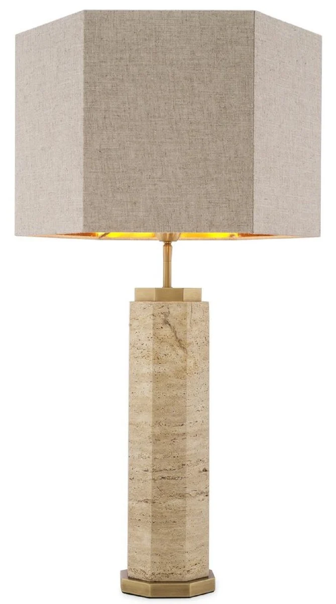 Casa Padrino Luxus Tischleuchte Beige / Antik Messing / Grau 46 x 46 x H. 84,5 cm - Travertin Schreibtischleuchte mit sechseckigem Lampenschirm - Luxus Tischleuchten - Luxus Schreibtischleuchten