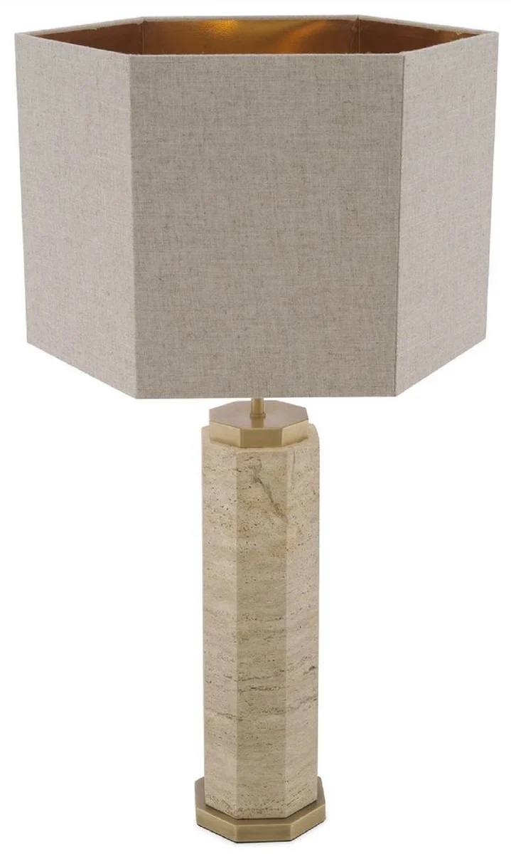 Casa Padrino Luxus Tischleuchte Beige / Antik Messing / Grau 46 x 46 x H. 84,5 cm - Travertin Schreibtischleuchte mit sechseckigem Lampenschirm - Luxus Tischleuchten - Luxus Schreibtischleuchten