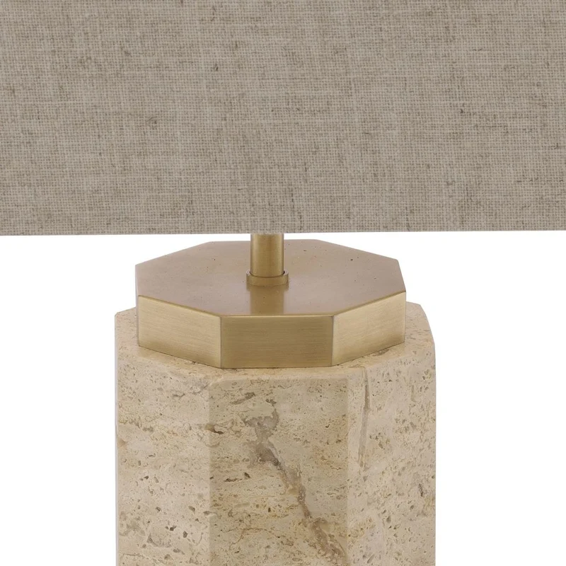 Casa Padrino Luxus Tischleuchte Beige / Antik Messing / Grau 46 x 46 x H. 84,5 cm - Travertin Schreibtischleuchte mit sechseckigem Lampenschirm - Luxus Tischleuchten - Luxus Schreibtischleuchten