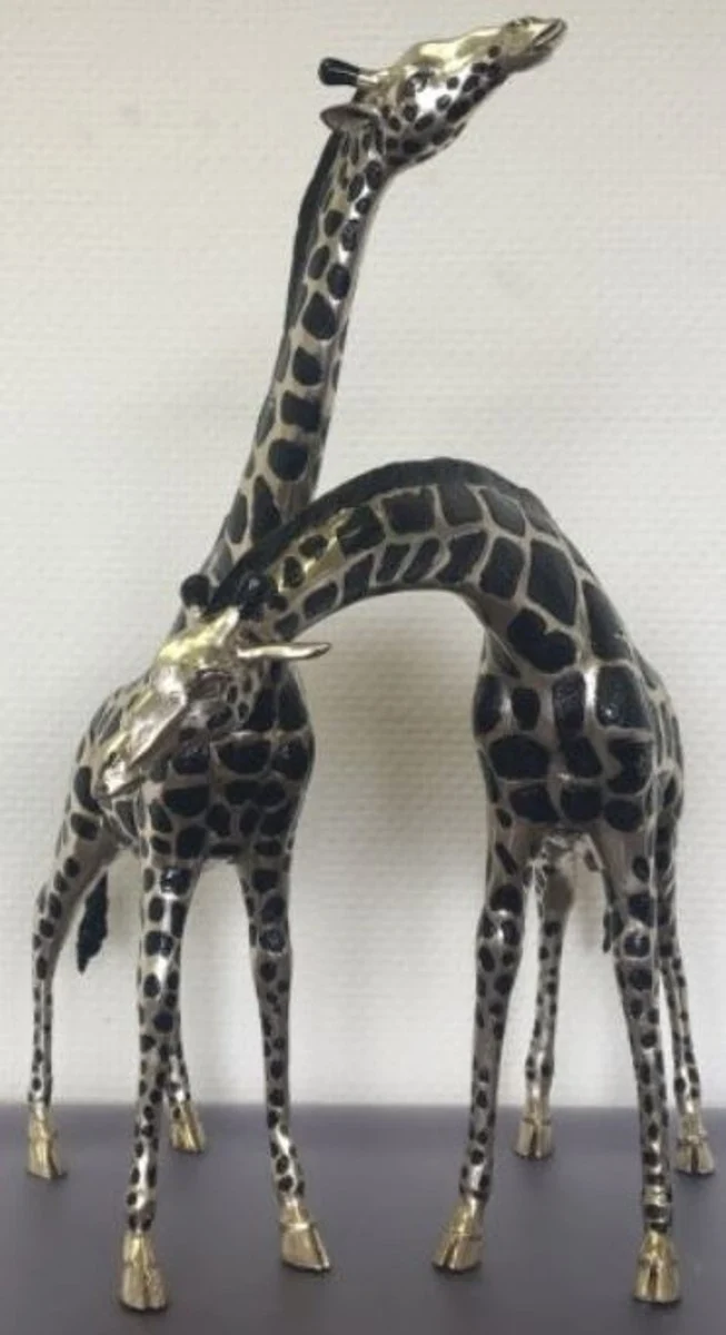 Casa Padrino Giraffen Bronzefiguren Set Silber / Schwarz 40 x 9 x H. 52 cm - Luxus Qualität