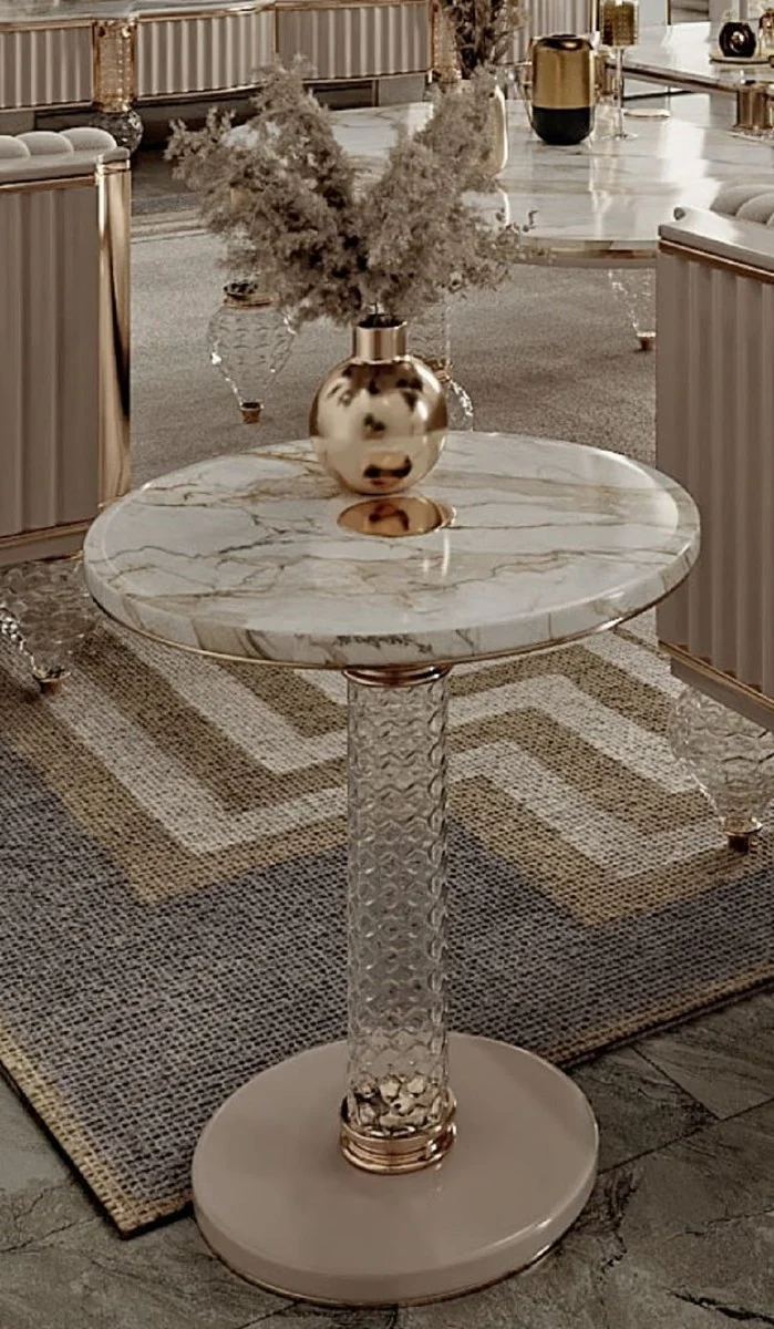 Casa Padrino Luxus Art Deco Beistelltisch Weiß / Grau / Gold Ø 43 x H. 61 cm - Runder Tisch mit edler Kunstmarmor Tischplatte - Art Deco Wohnzimmer Möbel - Luxus Wohnzimmer Möbel
