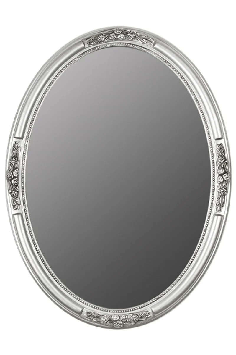 Casa Padrino Barock Wandspiegel Oval Silber Höhe 77 cm, Breite 57 cm - Edel & Prunkvoll - Vintagelook - Handgefertigt