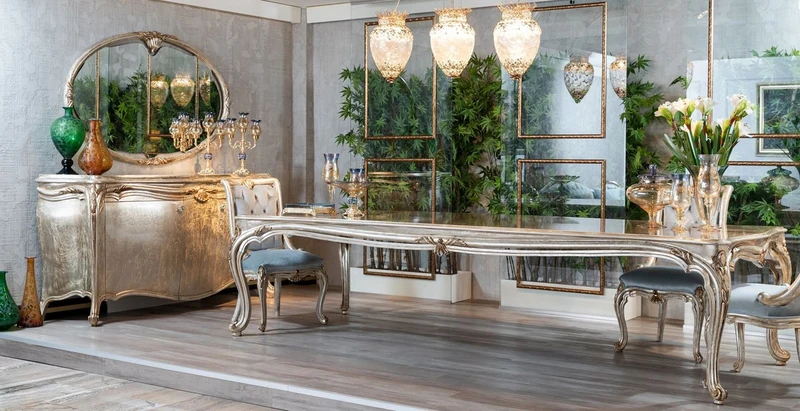 Casa Padrino Luxus Barock Esszimmer Set Hellblau / Silber / Gold - 1 Barock Esstisch & 8 Barock Esszimmerstühle - Prunkvolle Esszimmer Möbel im Barockstil