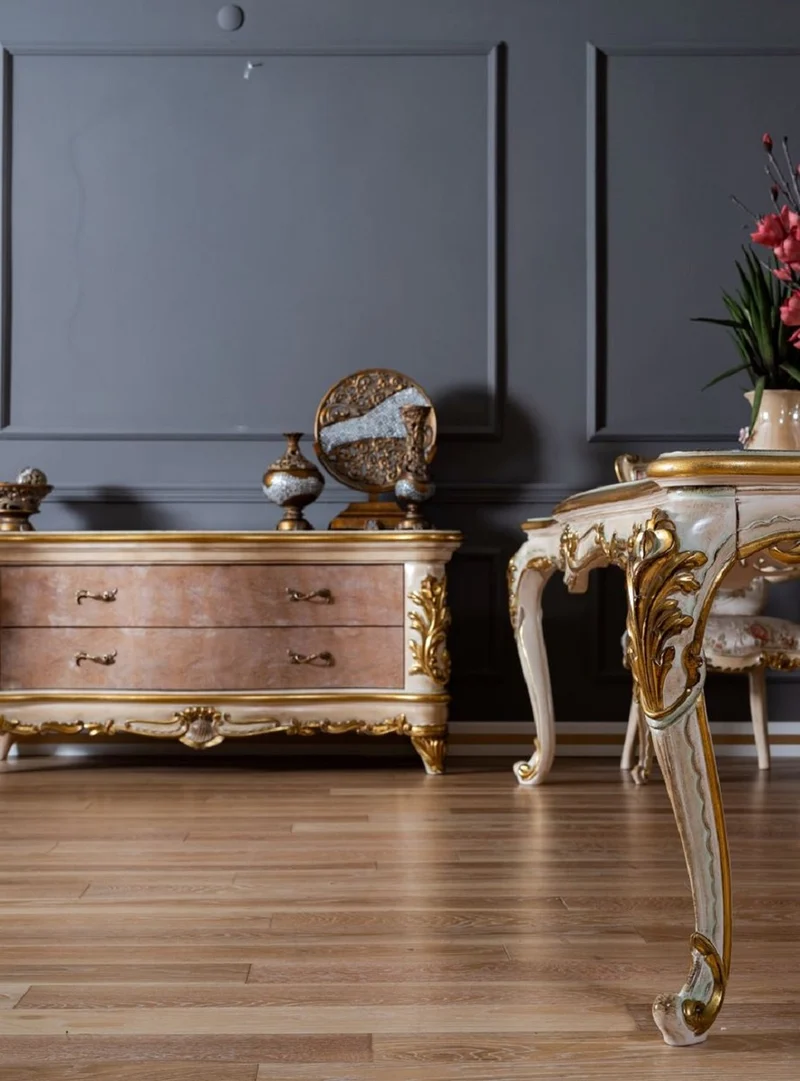 Casa Padrino Luxus Barock Esszimmer Set - 1 Barock Esstisch & 8 Barock Esszimmerstühle mit elegantem Muster - Prunkvolle Esszimmer Möbel im Barockstil
