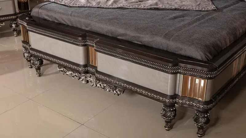 Casa Padrino Luxus Barock Doppelbett Grau / Dunkelbraun / Gold - Prunkvolles Massivholz Bett - Luxus Schlafzimmer Möbel im Barockstil - Barock Schlafzimmer Möbel