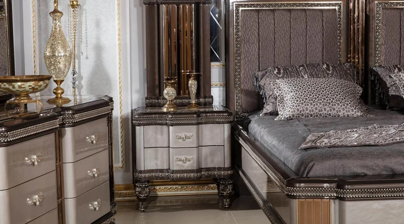 Casa Padrino Luxus Barock Doppelbett Grau / Dunkelbraun / Gold - Prunkvolles Massivholz Bett - Luxus Schlafzimmer Möbel im Barockstil - Barock Schlafzimmer Möbel