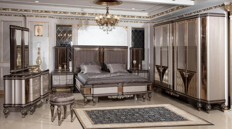 Casa Padrino Luxus Barock Doppelbett Grau / Dunkelbraun / Gold - Prunkvolles Massivholz Bett - Luxus Schlafzimmer Möbel im Barockstil - Barock Schlafzimmer Möbel