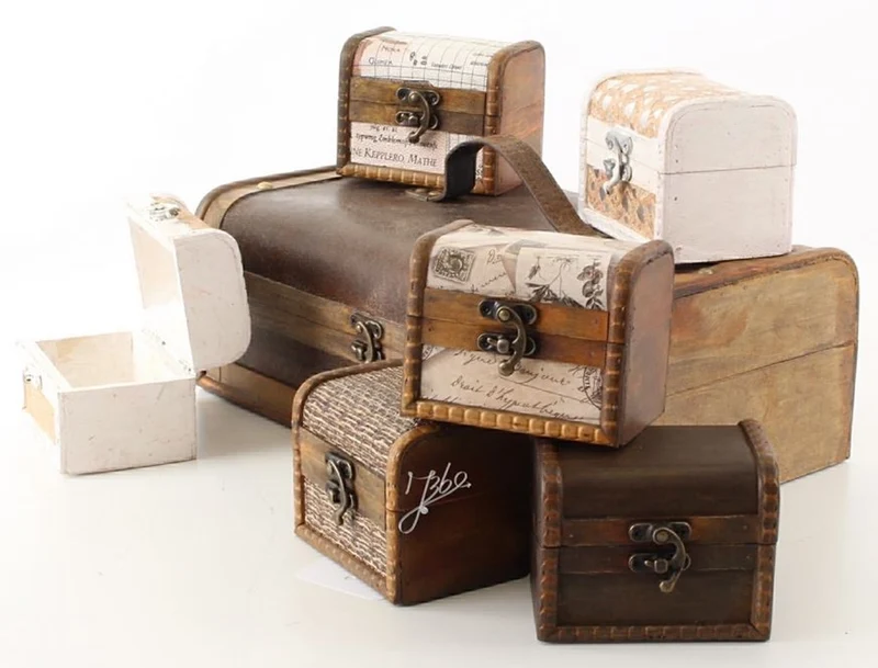 Casa Padrino Art Deco Holz Schmuckkästen 7er Set Braun / Mehrfarbig - Deko Truhen