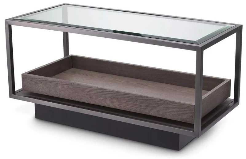 Casa Padrino Luxus Beistelltisch Bronze / Grau 90 x 42 x H. 44 cm - Rechteckiger Tisch mit Glasplatte und edlem Furnier - Wohnzimmer Möbel - Luxus Möbel - Luxus Einrichtung
