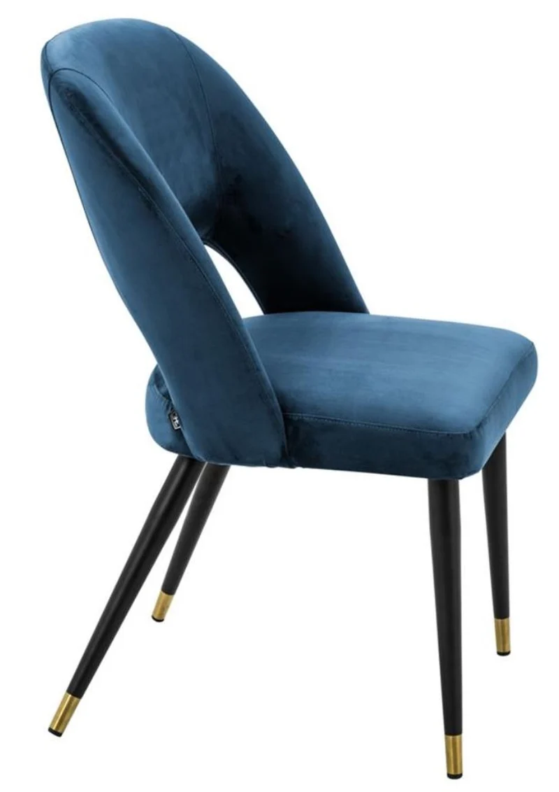 Casa Padrino Luxus Esszimmerstuhl in Blau und Schwarz mit Messing Akzenten 52 x 58 x H. 85 cm