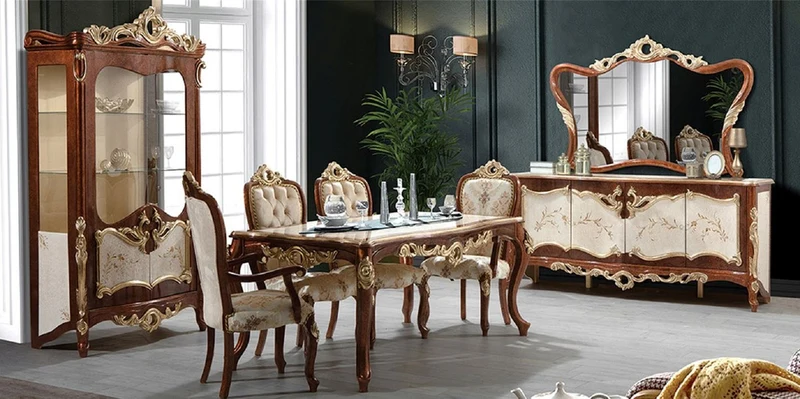 Casa Padrino Luxus Barock Esszimmer Set Cremefarben / Braun / Gold - 1 Barock Esstisch & 6 Barock Esszimmerstühle - Esszimmer Möbel im Barockstil - Edel & Prunkvoll