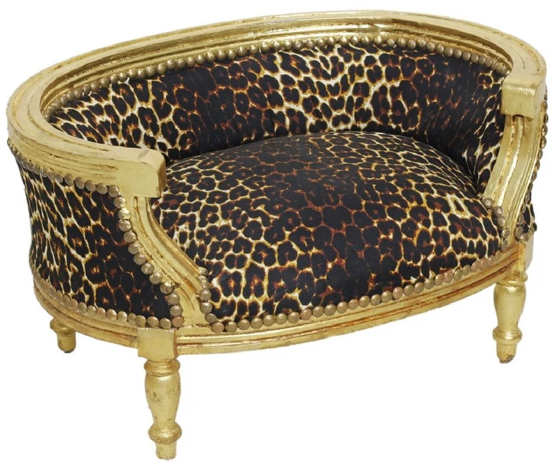 Casa Padrino Barock Hundebett & Katzenbett Leopard Muster / Antik Gold - Handgefertigtes Hunde & Katzen Sofa im Barockstil - Barock Hunde & Katzen Möbel - Barock Tiermöbel