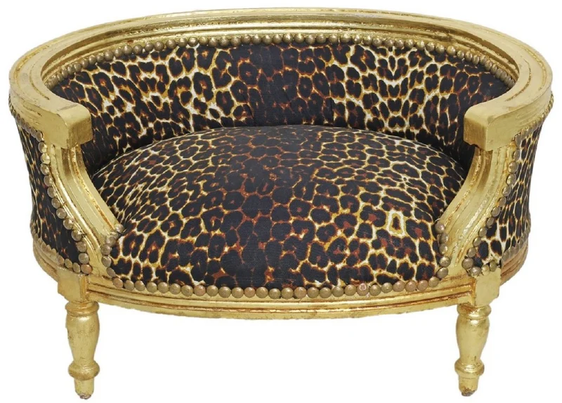 Casa Padrino Barock Hundebett & Katzenbett Leopard Muster / Antik Gold - Handgefertigtes Hunde & Katzen Sofa im Barockstil - Barock Hunde & Katzen Möbel - Barock Tiermöbel
