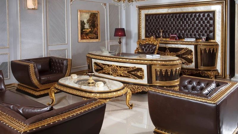 Casa Padrino Luxus Barock Büromöbel Set Weiß / Dunkelbraun / Gold - 1 Barock Schreibtisch mit Marmoroptik & 1 Barock Bürostuhl mit edlem Kunstleder - Prunkvolle Barock Büromöbel