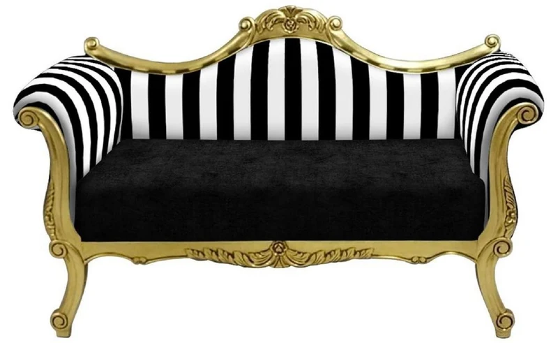 Casa Padrino Barock Sofa mit Streifen Schwarz / Weiß / Gold - Handgefertigtes Wohnzimmer Sofa im Barockstil - Barock Wohnzimmer Möbel