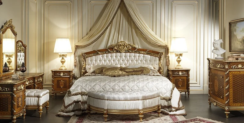 Casa Padrino Luxus Barock Schlafzimmer Set Weiß / Braun / Gold - Doppelbett mit Baldachin, 2 Nachttische & Sitzbank - Made in Italy